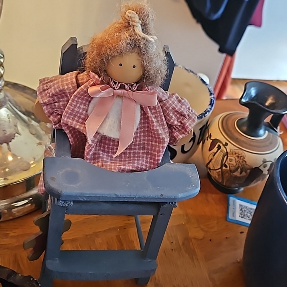 8.5" Primitive ragdoll in handmade wood highchair with teddybear-
